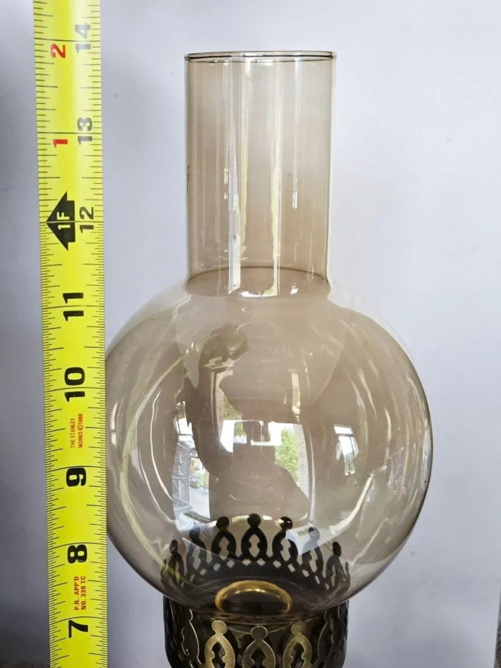 Vintage Hurricane Lamp, Glass Chimney Brass and Wood- Rustic Candle Holder